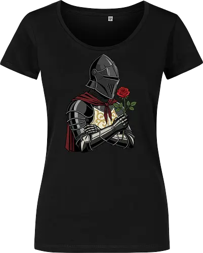 Chivalry and Steel: The Romantic Knight - dark knight shirt, medieval armor graphic tee, knight holding rose apparel, romantic gothic streetwear, D&D player clothing, dark fantasy fashion, chivalry aesthetic tee, comic book style knight, aesthetic warrior merch, fantasy romance design - Women T-Shirt