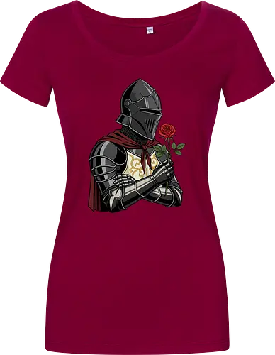 Chivalry and Steel: The Romantic Knight - dark knight shirt, medieval armor graphic tee, knight holding rose apparel, romantic gothic streetwear, D&D player clothing, dark fantasy fashion, chivalry aesthetic tee, comic book style knight, aesthetic warrior merch, fantasy romance design - Women T-Shirt