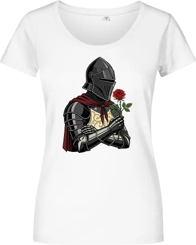 Chivalry and Steel: The Romantic Knight - dark knight shirt, medieval armor graphic tee, knight holding rose apparel, romantic gothic streetwear, D&D player clothing, dark fantasy fashion, chivalry aesthetic tee, comic book style knight, aesthetic warrior merch, fantasy romance design - Women T-Shirt