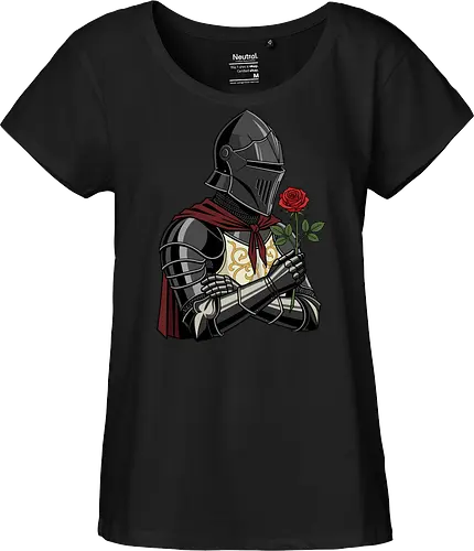 Chivalry and Steel: The Romantic Knight - dark knight shirt, medieval armor graphic tee, knight holding rose apparel, romantic gothic streetwear, D&D player clothing, dark fantasy fashion, chivalry aesthetic tee, comic book style knight, aesthetic warrior merch, fantasy romance design - Fairtrade Girl Shirt