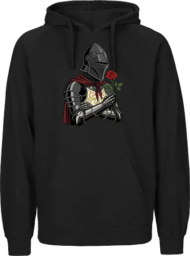 Chivalry and Steel: The Romantic Knight - dark knight shirt, medieval armor graphic tee, knight holding rose apparel, romantic gothic streetwear, D&D player clothing, dark fantasy fashion, chivalry aesthetic tee, comic book style knight, aesthetic warrior merch, fantasy romance design - Fairtrade Hoodie