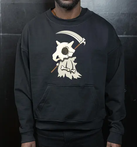 Little Reaper: The Bone Collector - Cubone Halloween shirt, cute grim reaper graphic tee, anime pocket monster apparel, spooky aesthetic streetwear, pastel goth gamer clothing, nostalgic 90s anime merch, creepy kawaii design, funny monster cosplay tee, trick or treat anime shirt, bone club character fashion - Cropped Sweatshirt