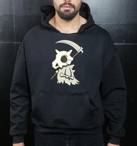 Little Reaper: The Bone Collector - Cubone Halloween shirt, cute grim reaper graphic tee, anime pocket monster apparel, spooky aesthetic streetwear, pastel goth gamer clothing, nostalgic 90s anime merch, creepy kawaii design, funny monster cosplay tee, trick or treat anime shirt, bone club character fashion - Cropped Hoodie