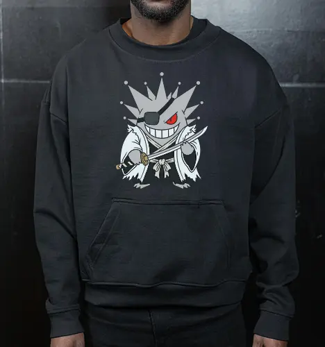 Phantom Captain: The Demon Swordsman - Gengar crossover shirt, Bleach anime graphic tee, Kenpachi cosplay apparel, ghost monster streetwear, anime swordsman clothing, retro gaming mashup design, shonen manga fashion, Japanese samurai ghost, edgy otaku aesthetic tee, nostalgic pop culture merch - Cropped Sweatshirt