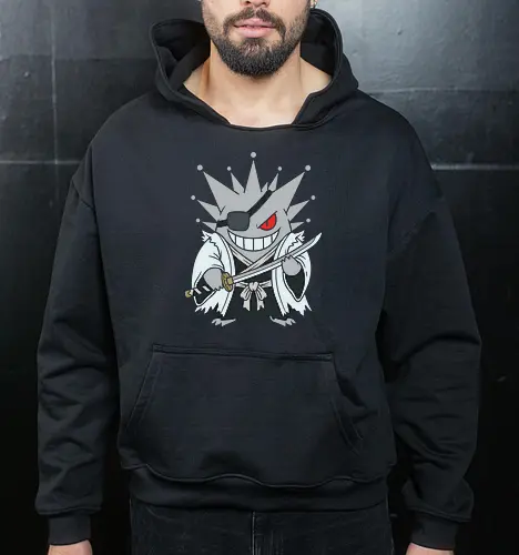 Phantom Captain: The Demon Swordsman - Gengar crossover shirt, Bleach anime graphic tee, Kenpachi cosplay apparel, ghost monster streetwear, anime swordsman clothing, retro gaming mashup design, shonen manga fashion, Japanese samurai ghost, edgy otaku aesthetic tee, nostalgic pop culture merch - Cropped Hoodie