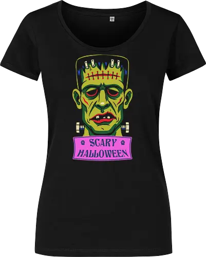 Frankenstein's Fright: Retro Scary Halloween - Frankenstein monster shirt, retro Halloween graphic tee, vintage horror apparel, pop art scary clothing, classic movie monster streetwear, colorful spooky design, creepy aesthetic fashion, 90s nostalgia halloween shirt, green monster merch, trick or treat graphic tee - Women T-Shirt