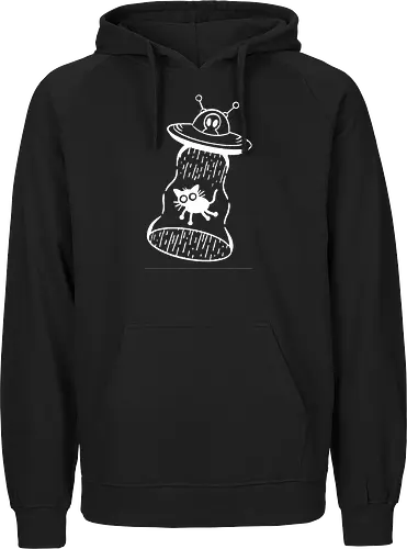 Beam Me Up, Kitty: Alien Abduction - alien abduction shirt, funny cat graphic tee, UFO streetwear apparel, minimalist sci-fi clothing, cute cat meme design, extraterrestrial humor tee, black and white sci-fi shirt, retro alien spaceship merch, indie aesthetic fashion, quirky animal graphic - Fairtrade Hoodie
