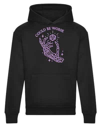 Could Be Worse: The Unlucky D20 - funny D&D shirt, TTRPG graphic tee, pastel goth skeleton apparel, d20 dice clothing, could be worse quote shirt, tabletop gamer streetwear, critical fail merch, spooky cute aesthetic fashion, sarcastic RPG design, dice goblin shirt - Heavyweight Hoodie
