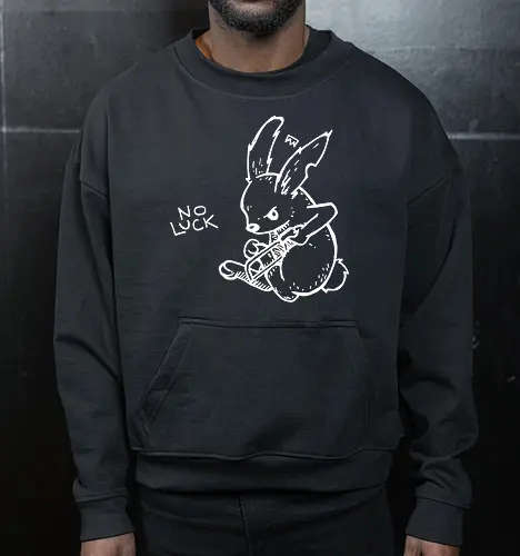 No Luck: The Unlucky Charm - funny dark humor shirt, edgy rabbit graphic tee, no luck apparel, unlucky charm streetwear, punk aesthetic clothing, grunge bunny design, macabre animal shirt, ironic quote tee, alternative goth merch, creepy bunny illustration - Cropped Sweatshirt