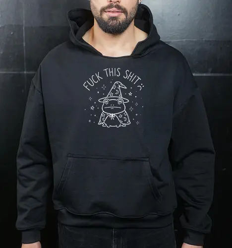 Grumpy Wizard: The Done Frog - funny frog shirt, grumpy wizard graphic tee, sarcastic quote apparel, edgy goblincore streetwear, tired animal clothing, minimalist line art design, dark humor fashion, D&D player shirt, funny introvert merch, aesthetic witchy tee - Cropped Hoodie
