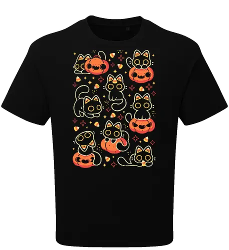 Cute Black Cats with Candy Corn - halloween cat, candy corn, cute black cat, cute pumpkin, halloween, kitty, kawaii, fall, love, spooky cute, cozy, warm, pattern, seamless, xmorfina - Oversize T-Shirt