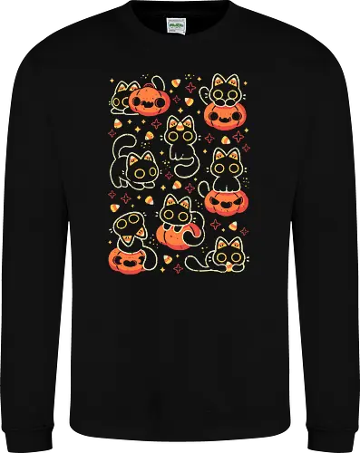 Cute Black Cats with Candy Corn - halloween cat, candy corn, cute black cat, cute pumpkin, halloween, kitty, kawaii, fall, love, spooky cute, cozy, warm, pattern, seamless, xmorfina - Sweatshirt