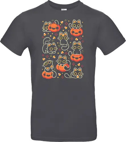 Cute Black Cats with Candy Corn - halloween cat, candy corn, cute black cat, cute pumpkin, halloween, kitty, kawaii, fall, love, spooky cute, cozy, warm, pattern, seamless, xmorfina - Standard T-Shirt