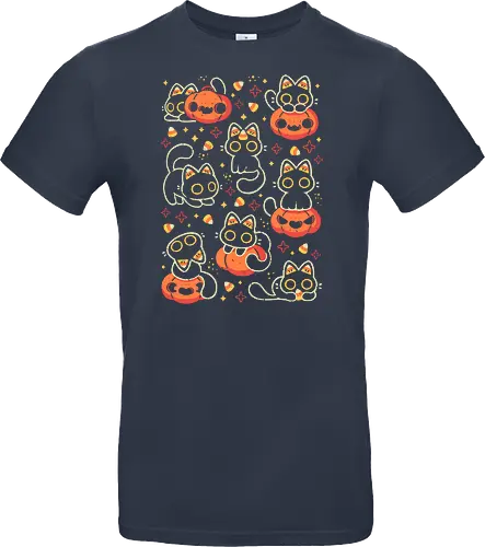 Cute Black Cats with Candy Corn - halloween cat, candy corn, cute black cat, cute pumpkin, halloween, kitty, kawaii, fall, love, spooky cute, cozy, warm, pattern, seamless, xmorfina - Standard T-Shirt