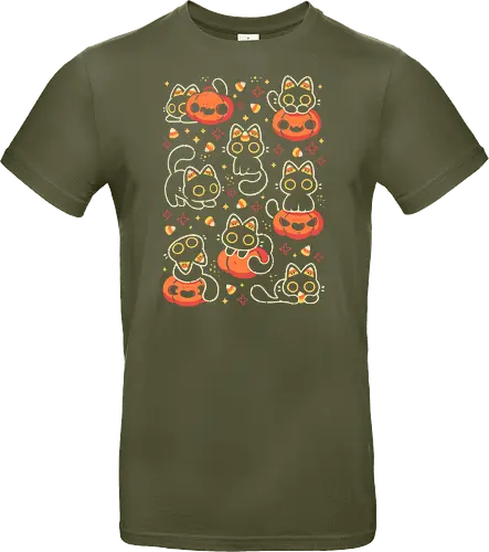 Cute Black Cats with Candy Corn - halloween cat, candy corn, cute black cat, cute pumpkin, halloween, kitty, kawaii, fall, love, spooky cute, cozy, warm, pattern, seamless, xmorfina - Standard T-Shirt