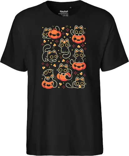 Cute Black Cats with Candy Corn - halloween cat, candy corn, cute black cat, cute pumpkin, halloween, kitty, kawaii, fall, love, spooky cute, cozy, warm, pattern, seamless, xmorfina - Fairtrade T-Shirt