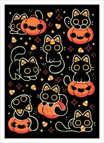 Cute Black Cats with Candy Corn - halloween cat, candy corn, cute black cat, cute pumpkin, halloween, kitty, kawaii, fall, love, spooky cute, cozy, warm, pattern, seamless, xmorfina - Artprint