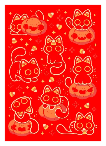 Cute Black Cats with Candy Corn - halloween cat, candy corn, cute black cat, cute pumpkin, halloween, kitty, kawaii, fall, love, spooky cute, cozy, warm, pattern, seamless, xmorfina - Artprint