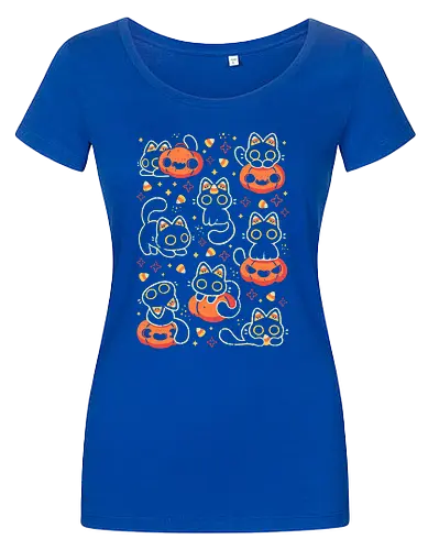 Cute Black Cats with Candy Corn - halloween cat, candy corn, cute black cat, cute pumpkin, halloween, kitty, kawaii, fall, love, spooky cute, cozy, warm, pattern, seamless, xmorfina - Women T-Shirt