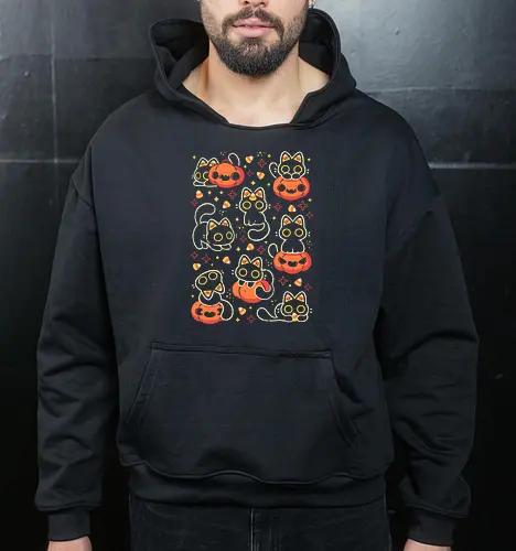 Cute Black Cats with Candy Corn - halloween cat, candy corn, cute black cat, cute pumpkin, halloween, kitty, kawaii, fall, love, spooky cute, cozy, warm, pattern, seamless, xmorfina - Cropped Hoodie