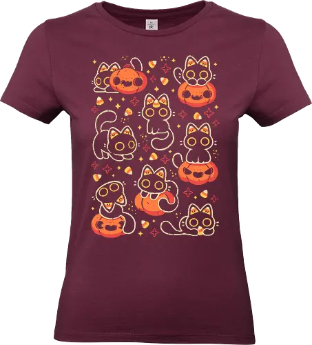 Cute Black Cats with Candy Corn - halloween cat, candy corn, cute black cat, cute pumpkin, halloween, kitty, kawaii, fall, love, spooky cute, cozy, warm, pattern, seamless, xmorfina - Standard T-Shirt (Women)