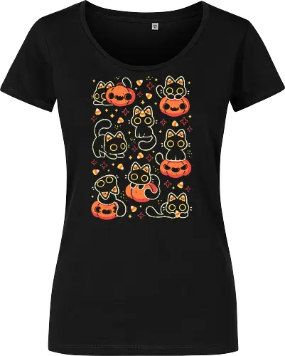 Cute Black Cats with Candy Corn - halloween cat, candy corn, cute black cat, cute pumpkin, halloween, kitty, kawaii, fall, love, spooky cute, cozy, warm, pattern, seamless, xmorfina - Women T-Shirt