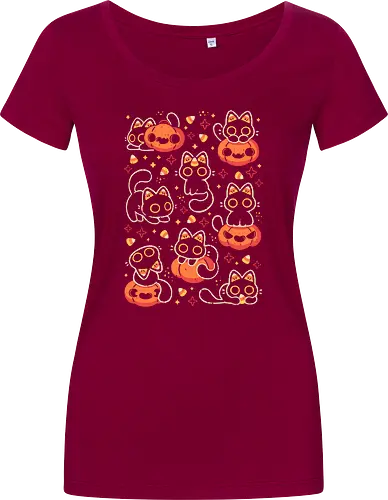Cute Black Cats with Candy Corn - halloween cat, candy corn, cute black cat, cute pumpkin, halloween, kitty, kawaii, fall, love, spooky cute, cozy, warm, pattern, seamless, xmorfina - Women T-Shirt