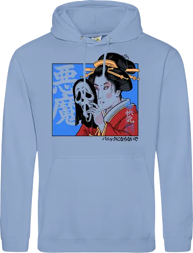 Geisha's Secret - mask, skull, gothic, creepy, spooky, samurai, culture, vintage, cinema, mystery, dark, traditional, asian, terror, illustration, geek, japanese, geisha, japan, horror - Standard Hoodie