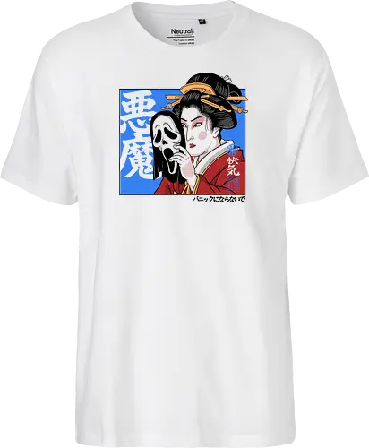 Geisha's Secret - mask, skull, gothic, creepy, spooky, samurai, culture, vintage, cinema, mystery, dark, traditional, asian, terror, illustration, geek, japanese, geisha, japan, horror - Fairtrade T-Shirt