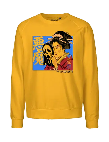 Geisha's Secret - mask, skull, gothic, creepy, spooky, samurai, culture, vintage, cinema, mystery, dark, traditional, asian, terror, illustration, geek, japanese, geisha, japan, horror - Fairtrade Sweatshirt