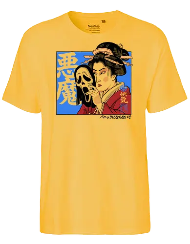 Geisha's Secret - mask, skull, gothic, creepy, spooky, samurai, culture, vintage, cinema, mystery, dark, traditional, asian, terror, illustration, geek, japanese, geisha, japan, horror - Fairtrade T-Shirt