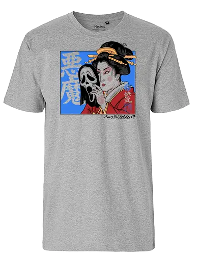 Geisha's Secret - mask, skull, gothic, creepy, spooky, samurai, culture, vintage, cinema, mystery, dark, traditional, asian, terror, illustration, geek, japanese, geisha, japan, horror - Fairtrade T-Shirt
