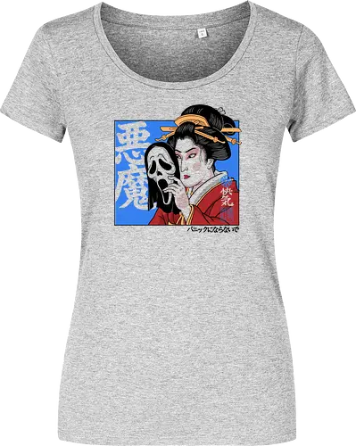 Geisha's Secret - mask, skull, gothic, creepy, spooky, samurai, culture, vintage, cinema, mystery, dark, traditional, asian, terror, illustration, geek, japanese, geisha, japan, horror - Women T-Shirt