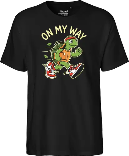 Turtle Express: On My Way - funny turtle shirt, on my way graphic tee, sarcastic runner apparel, slow animal clothing, ironic workout merch, retro mascot streetwear, running sneakers graphic, relatable chronically late tee, aesthetic cartoon fashion, funny delivery driver shirt - Fairtrade T-Shirt