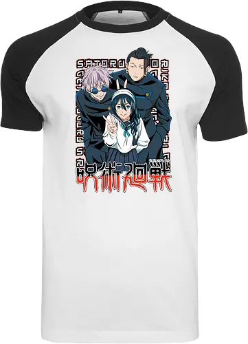 Gojo Group Satoru JJK Squad Goals - gojo satoru, jjk cast, group design, blue black palette, jujutsu kaisen squad, anime fan gift set, otaku crew shirt, shonen group art - Raglan T-Shirt
