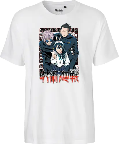 Gojo Group Satoru JJK Squad Goals - gojo satoru, jjk cast, group design, blue black palette, jujutsu kaisen squad, anime fan gift set, otaku crew shirt, shonen group art - Fairtrade T-Shirt