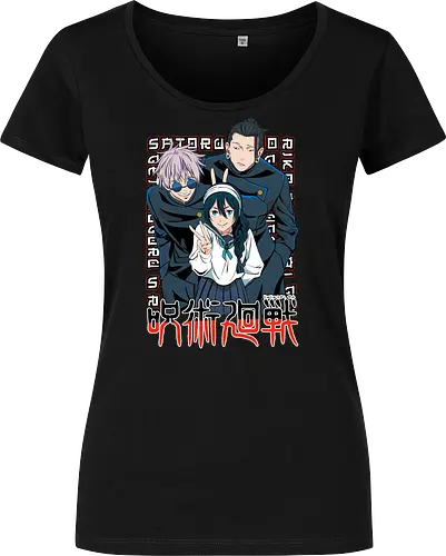 Gojo Group Satoru JJK Squad Goals - gojo satoru, jjk cast, group design, blue black palette, jujutsu kaisen squad, anime fan gift set, otaku crew shirt, shonen group art - Women T-Shirt