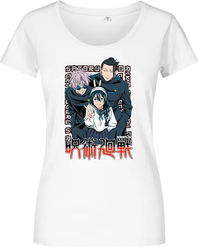 Gojo Group Satoru JJK Squad Goals - gojo satoru, jjk cast, group design, blue black palette, jujutsu kaisen squad, anime fan gift set, otaku crew shirt, shonen group art - Women T-Shirt