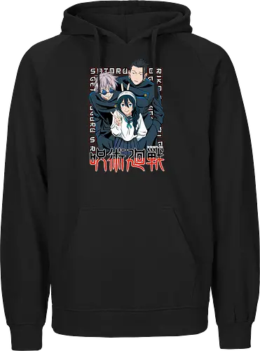 Gojo Group Satoru JJK Squad Goals - gojo satoru, jjk cast, group design, blue black palette, jujutsu kaisen squad, anime fan gift set, otaku crew shirt, shonen group art - Fairtrade Hoodie