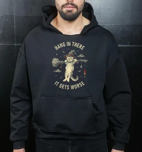 Hang In There, It Gets Worse - sarcasm, hang in there, cat, halloween, funny, vintage, retro, japanese, quote, witch, witch cat, dark humor, sarcastic, art print, broomstick, demotivational - Cropped Hoodie