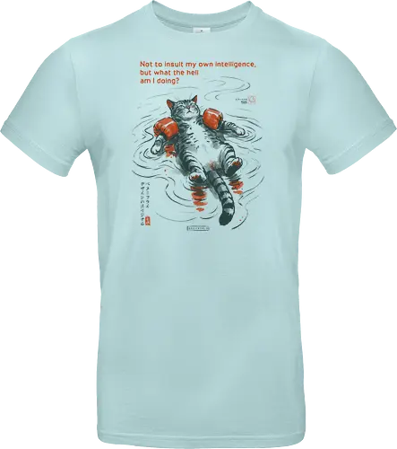 What The Hell Am I Doing? - cat, sarcasm, funny, vintage, retro, japanese, quote, float, funny cat, existential dread, relatable humor, art print, sarcastic, confuse, mood - Standard T-Shirt