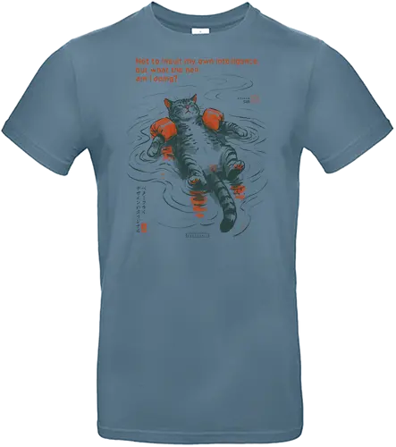 What The Hell Am I Doing? - cat, sarcasm, funny, vintage, retro, japanese, quote, float, funny cat, existential dread, relatable humor, art print, sarcastic, confuse, mood - Standard T-Shirt