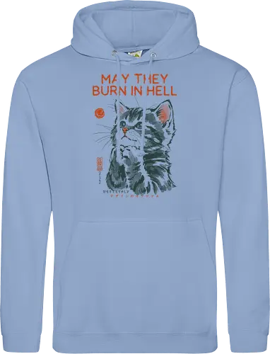 May They Burn in Hell - cat, funny, vintage, retro, japanese, quote, dark humor, praying, funny cat, cat lover, sarcastic quote, art print, cute cat, revenge, mood - Standard Hoodie