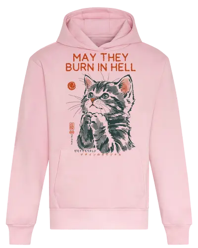 May They Burn in Hell - cat, funny, vintage, retro, japanese, quote, dark humor, praying, funny cat, cat lover, sarcastic quote, art print, cute cat, revenge, mood - Heavyweight Hoodie