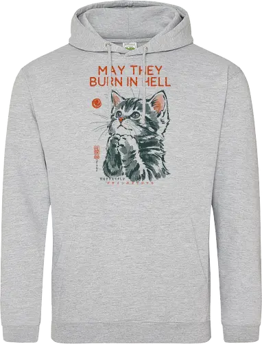 May They Burn in Hell - cat, funny, vintage, retro, japanese, quote, dark humor, praying, funny cat, cat lover, sarcastic quote, art print, cute cat, revenge, mood - Standard Hoodie