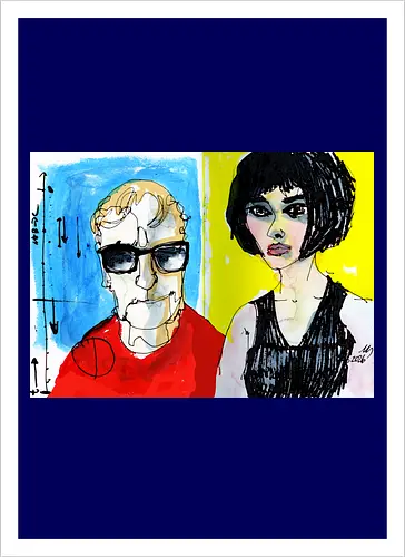 Zwei Blicke - Manfred Schloesser, Urban Sketching, Tuschezeichnung, Ink Sketch, Aquarell Kunst, Expressive Art, Modern Portrait, Grafik Design, Contemporary Art, Galerie Shirt, Primärfarben, Kontrast, Linienkunst, Line Art Portrait. - Artprint