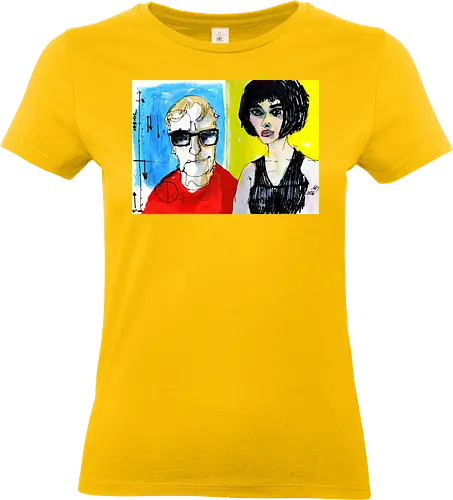 Zwei Blicke - Manfred Schloesser, Urban Sketching, Tuschezeichnung, Ink Sketch, Aquarell Kunst, Expressive Art, Modern Portrait, Grafik Design, Contemporary Art, Galerie Shirt, Primärfarben, Kontrast, Linienkunst, Line Art Portrait. - Standard T-Shirt (Women)
