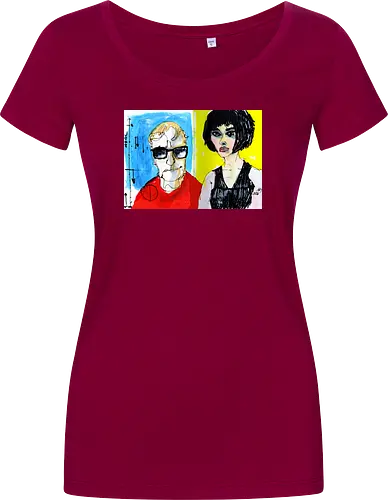 Zwei Blicke - Manfred Schloesser, Urban Sketching, Tuschezeichnung, Ink Sketch, Aquarell Kunst, Expressive Art, Modern Portrait, Grafik Design, Contemporary Art, Galerie Shirt, Primärfarben, Kontrast, Linienkunst, Line Art Portrait. - Women T-Shirt