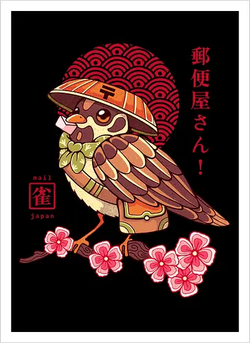 POST BIRD - japan, japanese, bird, sakura, cherry blossom, floral, cultural, post mail - Artprint