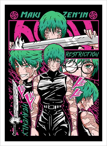 Maki Zenin Restriction Unleashed - maki zenin, Jujutsu, restriction arc, pink and black, powerful female, manga style, otaku gift, shounen anime - Artprint